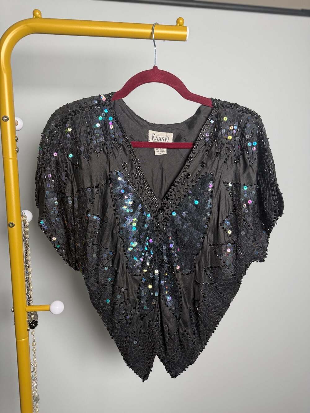 Kaasvi Vintage Black Silk Sequin Butterfly Beaded Top